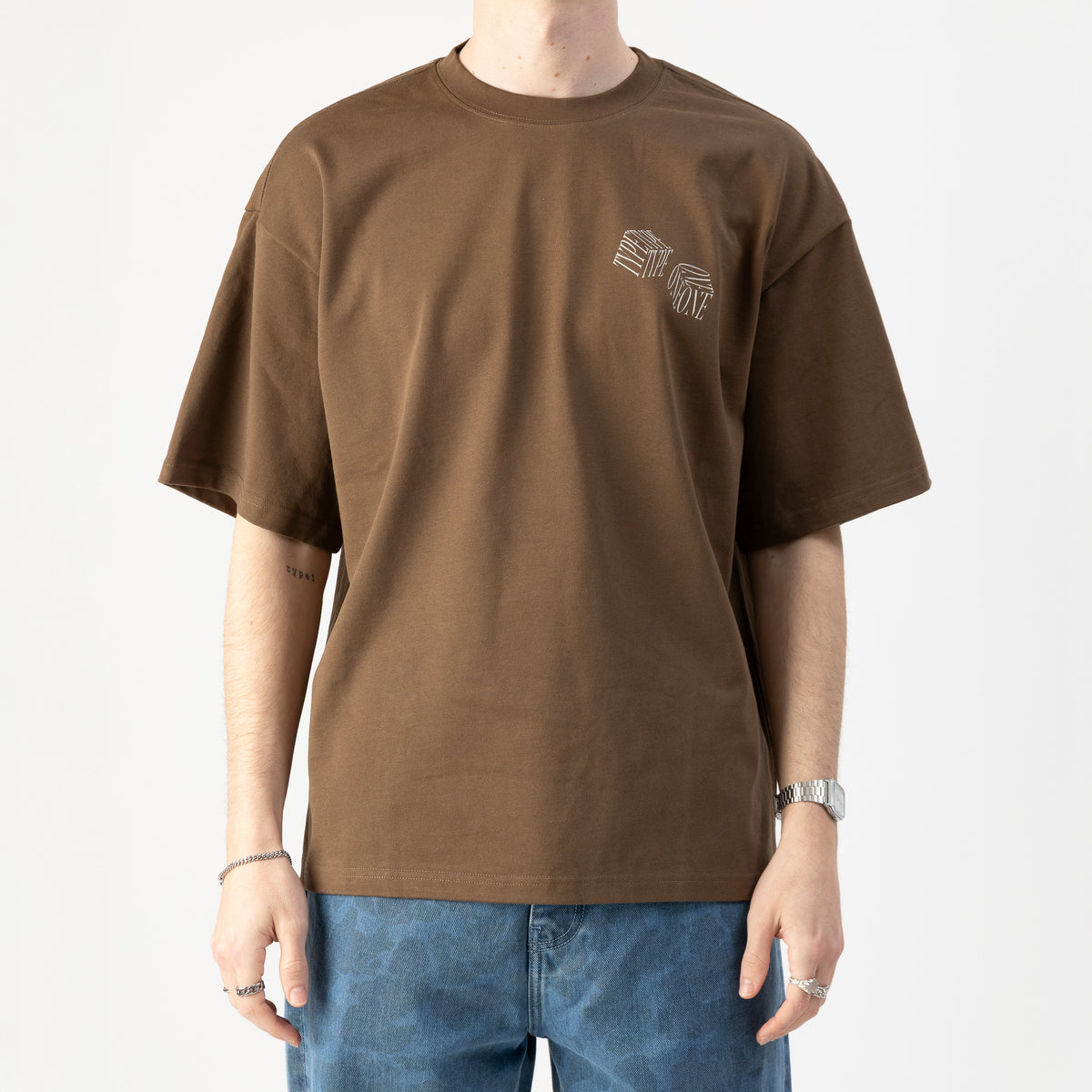 Dice Tee Brown – On model front | Type One dice graphic tee