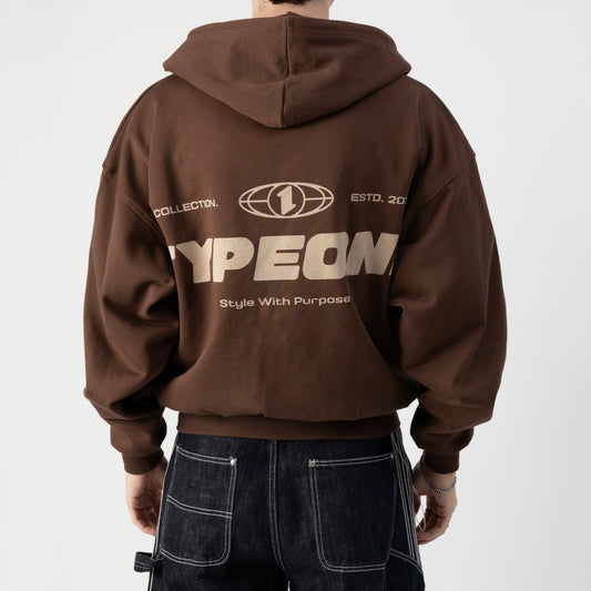 ESTD.2026 Balloon Zip Hoodie Brown – Back view | Type One Dutch Streetwear