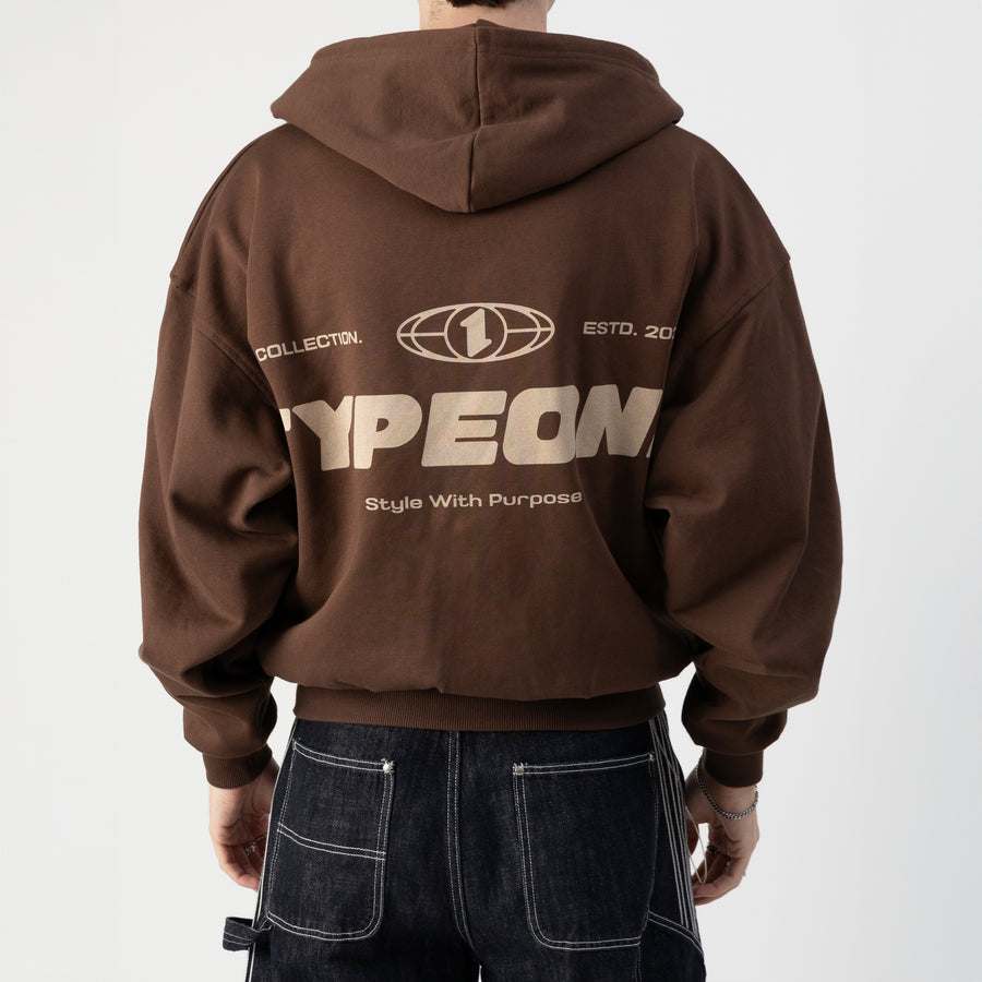 ESTD.2026 Balloon Zip Hoodie Brown – Back view | Type One Dutch Streetwear