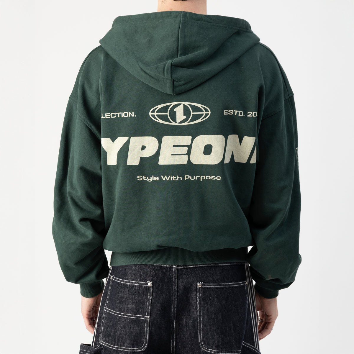 ESTD.2026 Balloon Zip Hoodie Green – on model Back view | Type One Dutch Streetwear