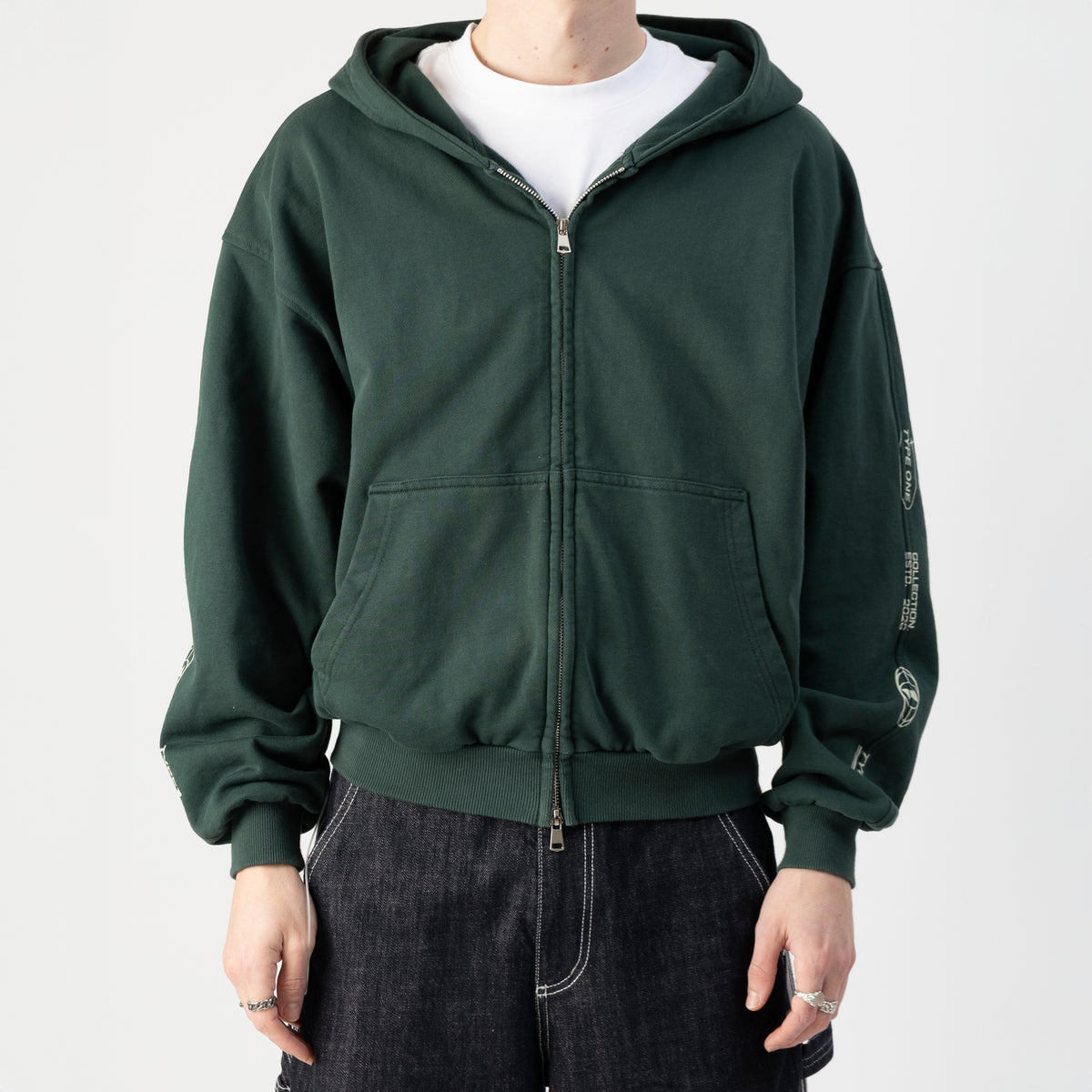 ESTD.2026 Balloon Zip Hoodie Green – On model front | Type One balloon zip hoodie