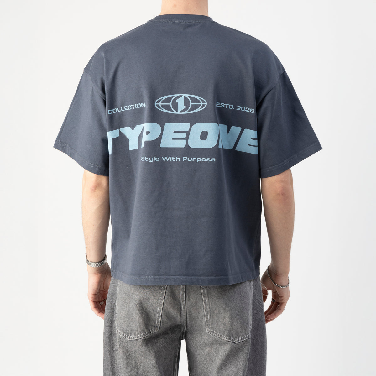 ESTD.2026 Tee Slate Blue – On model Back side | Drop shoulder 280GSM cotton tee
