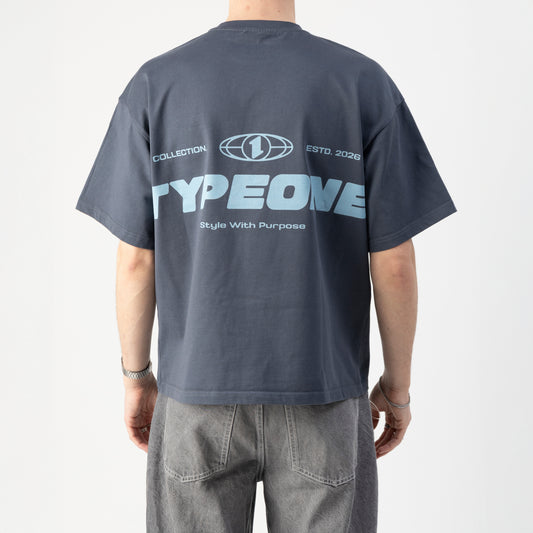 ESTD.2026 Tee Slate Blue – On model Back side | Drop shoulder 280GSM cotton tee