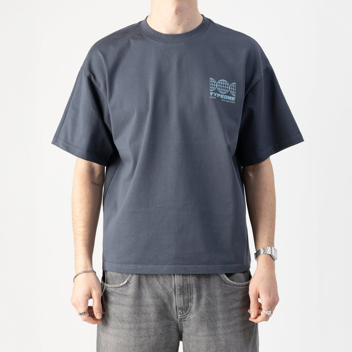 ESTD.2026 Tee Slate Blue – On model front | Type One boxy fit tee