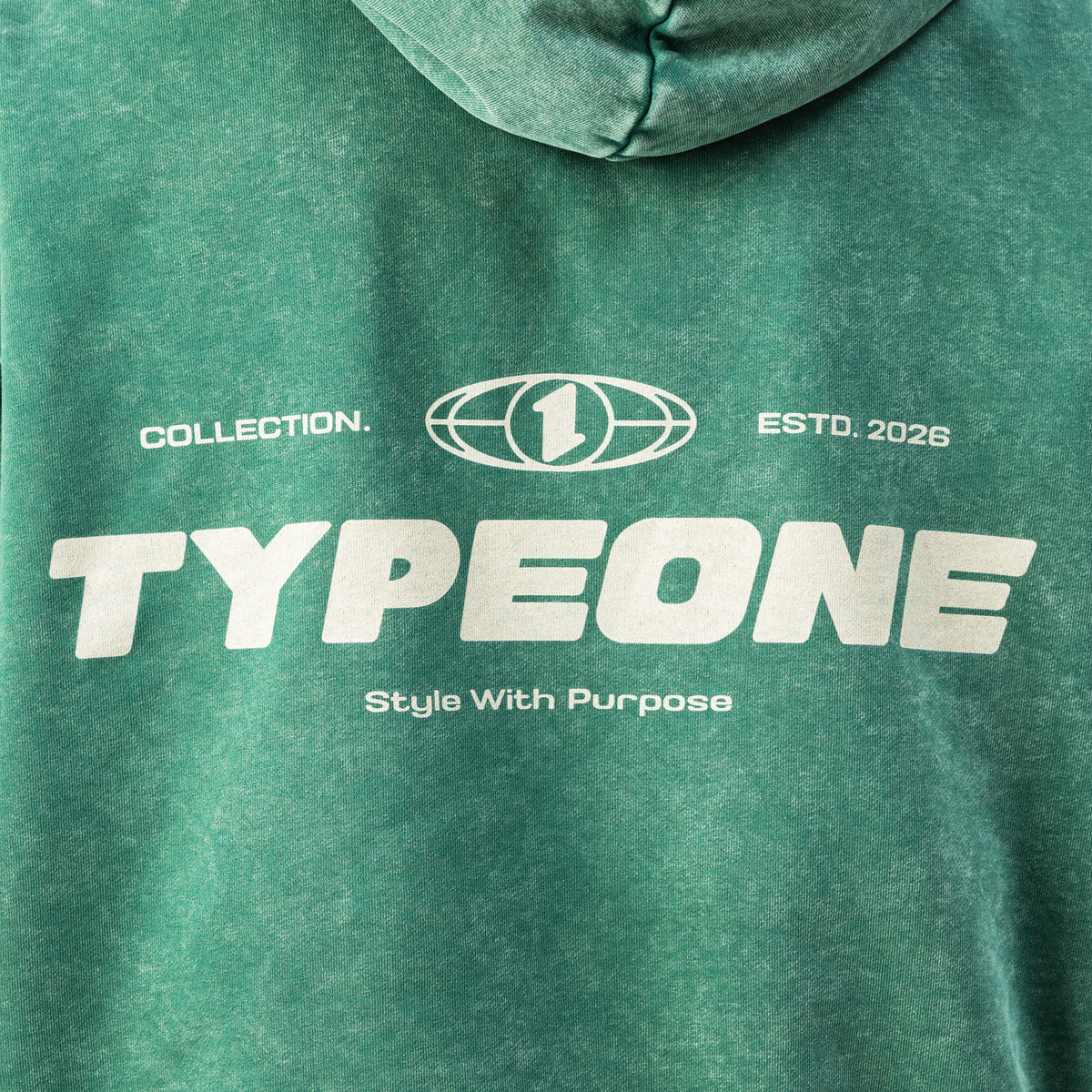 ESTD.2026 Hoodie Washed Cactus – Close-up | 440GSM combed cotton Type One