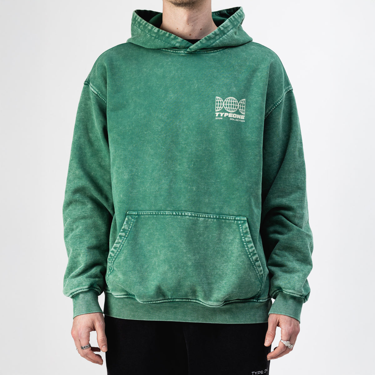 ESTD.2026 Hoodie Washed Cactus – On model front | Type One oversized hoodie