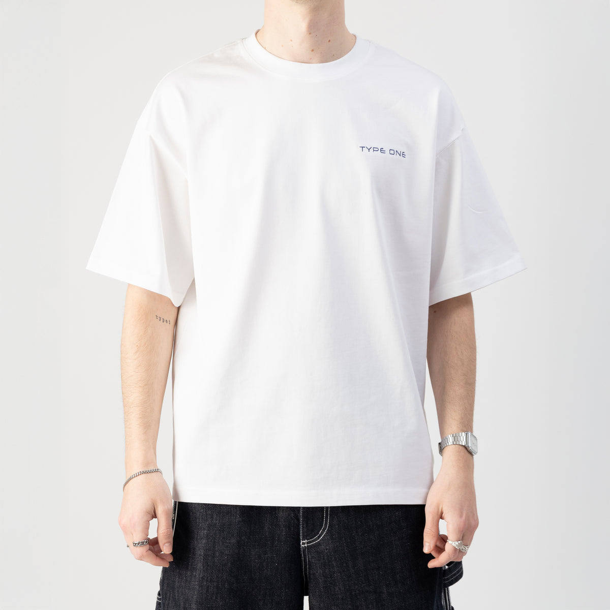 Type One Boxy Tee White – On model | Type One boxy fit drop shoulder tee